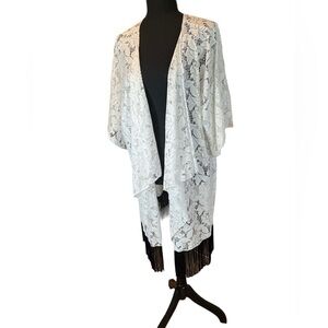 LuLaRoe White Lace Cardigan with Black Fringe | Size L